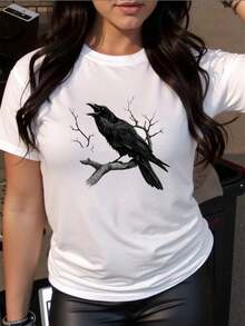 100% Cotton Women's Short Sleeve Cotton T-Shirt - Crow On Branch Illustration, Crew Neck, Casual Tee, Machine Washable For All Seasons, Gift For Mom, Comfortable Material, Everyday Print Shirt, Modern Look Shirt. Women's Simple Solid Color T-Shirt, Loose And Slim Fit Casual Short Sleeve - 白色的 - 查看 6