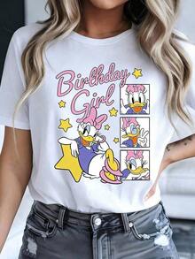 Women's Casual Cotton T-Shirt With Daisy And "Birthday Girl" Print, Short Sleeves, Round Neck, Regular Fit For Everyday Wear, Men's Sizes Suitable For The Whole Family. - 白色 - 查看 1