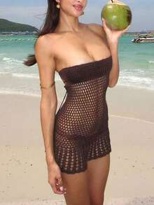 Mori 2026 Spring/Summer New Knitted Strapless Dress For Women, Strapless Design Exposes Shoulder & Neck Lines, Bodycon Silhouette Fits The Figure, Suitable For Beach, Party, Romantic Dates, Spring/Summer, Showcases Sexy & Relaxed Vibe Vacation - Brown - View 6