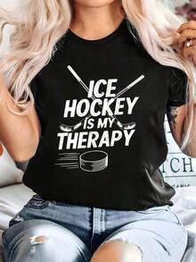 Women's Premium Summer T-Shirts - Women's Lightweight Cotton Casual Hockey T-Shirt - Short Sleeve Crew Neck T-Shirt With Hockey Stick And Puck Print, Hockey Fan Clothing, Suitable For All Seasons (Pink And White Color Combination) - Fun Design For Everyday Wear, Popular Gift Idea - 黑色 - 查看 7