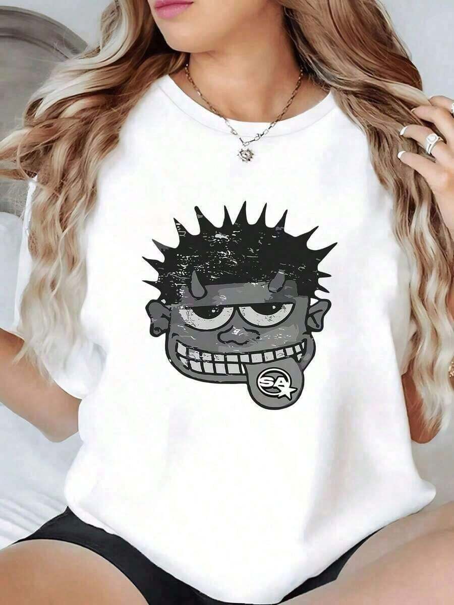Women's Blouses Casual Loose Fit Urban Style T-Shirt 1 Piece Punk Devil Face Casual T-Shirt For Women 100% Cotton Round Neck Oversized With Cool Graphic Print T-Shirt For Womeneurmuse - 白色的 - 查看 1