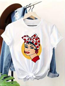 Lady, Elegant Party Outfit, T-Shirt For Elegant Ladies, Blouses Suitable For Curvy Women, Casual Clothing, Cool And Sweat-Free Clothing In Summer, Fun Letter Print - 白色 - 查看 6
