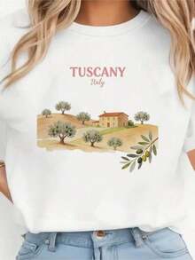 Women's Blouses, Casual Short-Sleeved Women's T-Shirt With Italian Coastal Landscape Print, 90s Graphic T-Shirt, Vintage T-Shirts, Tops, Tees, Clothing. - 白色的 - 查看 7