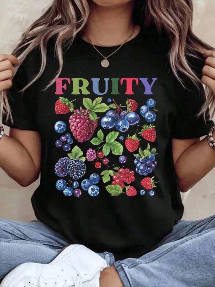 Cool T-Shirt With Fruit And Berry Print, Casual Women's T-Shirt, Summer Fruit Graphic Top For Everyday Wear And As A Holiday Gift, Fashionable. - 黑色 - 查看 1