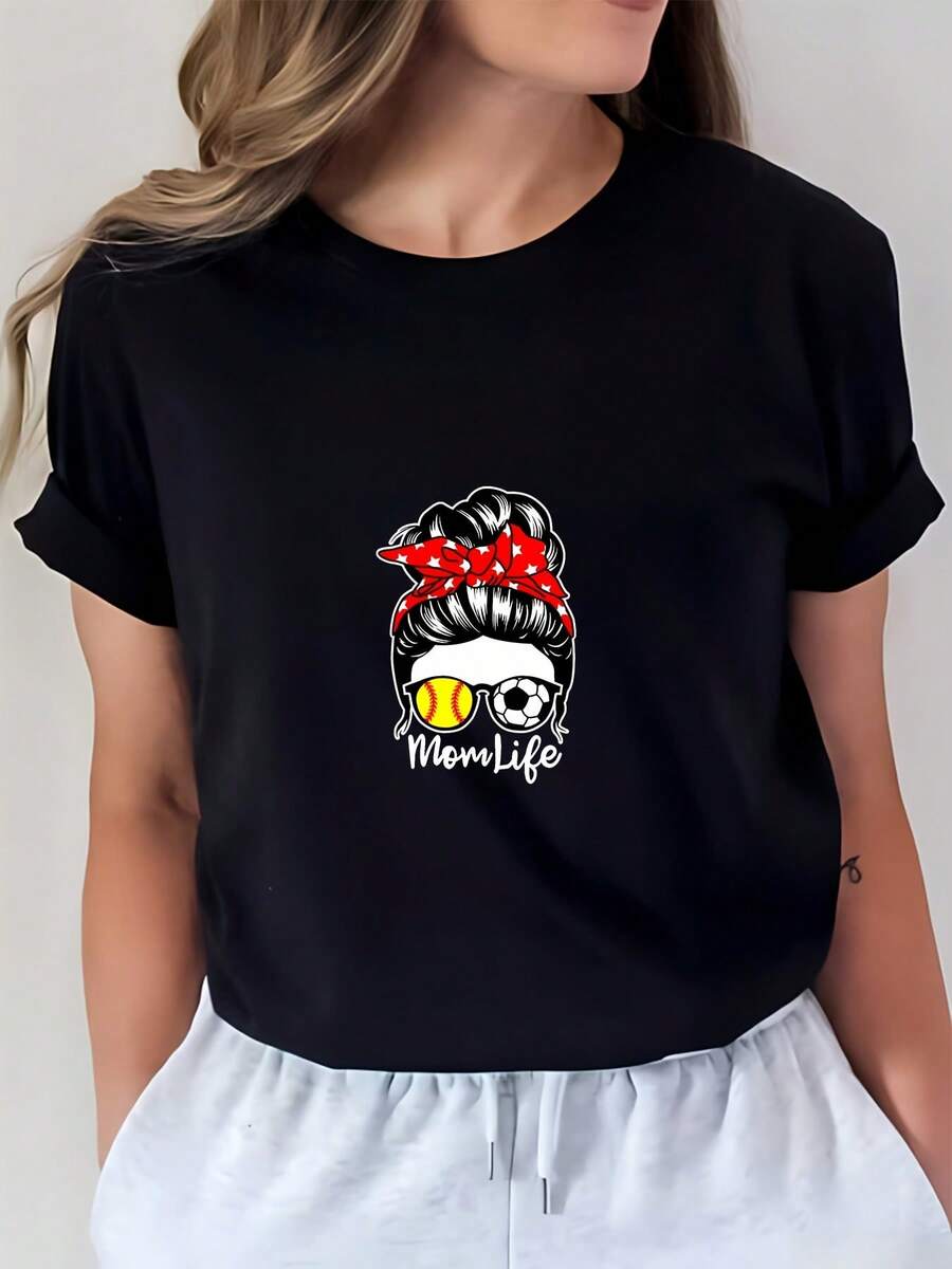 'Mom Life' Print T-Shirt - Soft 180G T-Shirt For Women, Ideal For Family Gatherings And Team Building Gifts, Perfect For The Beach In Summer - 黑色 - 查看 1