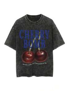 Women's & Men's Black Short Sleeve T-Shirt With Cherry Bomb Print For Men And Women, Retro Wash, Round Neck, Casual, Soft, Breathable And Comfortable, Elegant, Eye-Catching And Stylish. - 黑色 - 查看 7