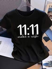 Artistic 11:11 Letter Print - Y2K Style - Women's Slim Fit Solid Color Crew Neck Short Sleeve T-Shirt, Casual And Sporty Style, With Gathered Waist Detail, Suitable For All Seasons. - 黑色 - 查看 3