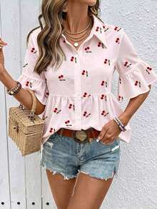 Nueva Camisa de Verano para Mujer con Cuello Blanco Fresco, Estampado de Flores de Cerezo, Mangas Plisadas y Acampanadas, Corte Holgado y Elegante, Blusa Casual Ideal para Viajes de Trabajo, Vacaciones y Ocio. - Rosa - Ver 4