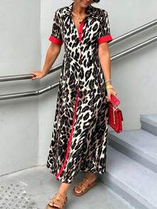 HUTENER Women's Leopard Print Colorblock Slim Fit Shirt Dress, Short Sleeve Lapel Single-Breasted Long Dress, Casual And Vacation Elegant Summer Red - Red - View 7