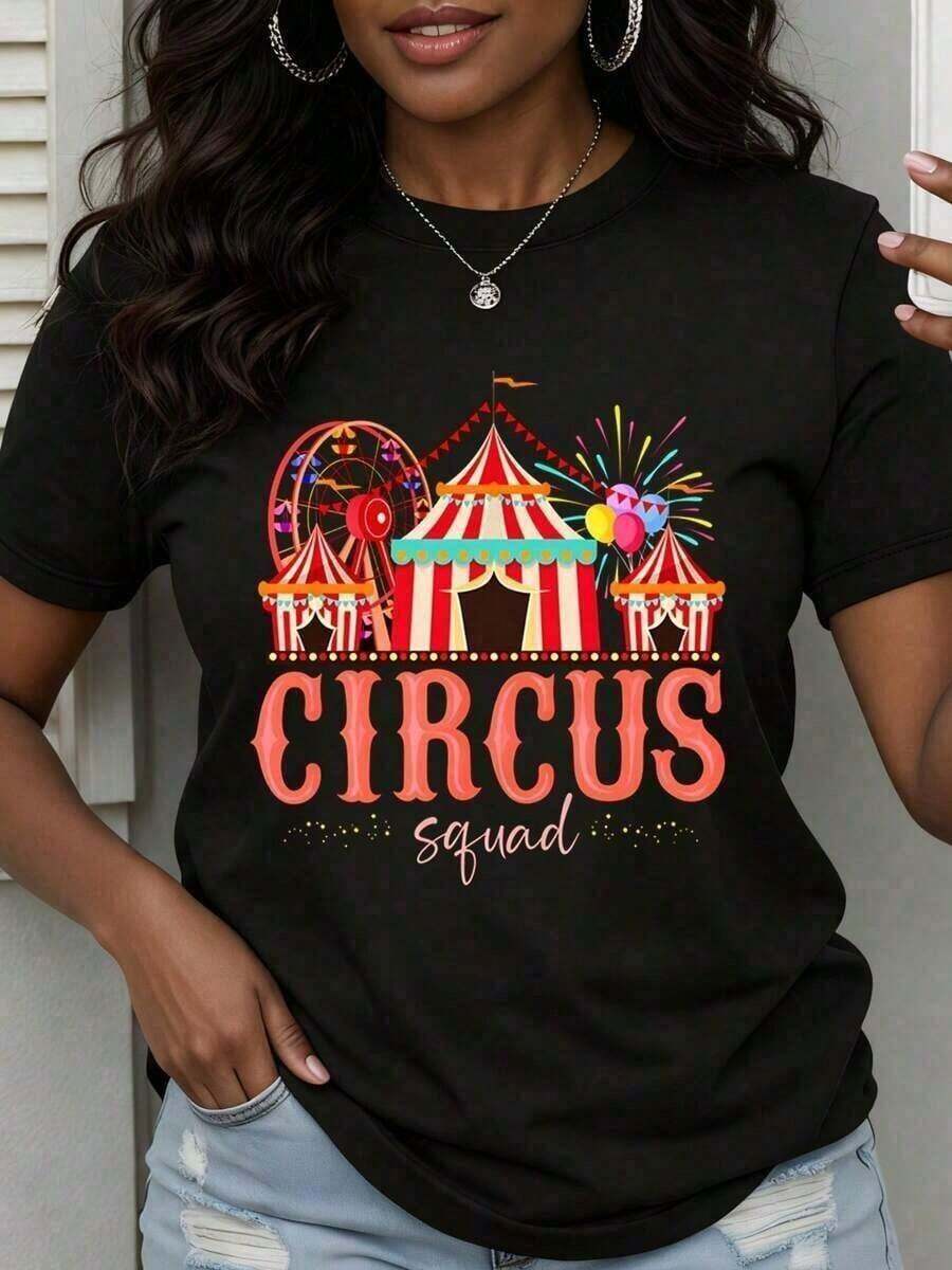 Women's Short-Sleeve Circus T-Shirt, Fun, With A Carnival-Themed Print, Ideal For Parties, Casual Summer Wear For Festivals And Events. Pretty Blouses, 100% Cotton. - 黑色 - 查看 1