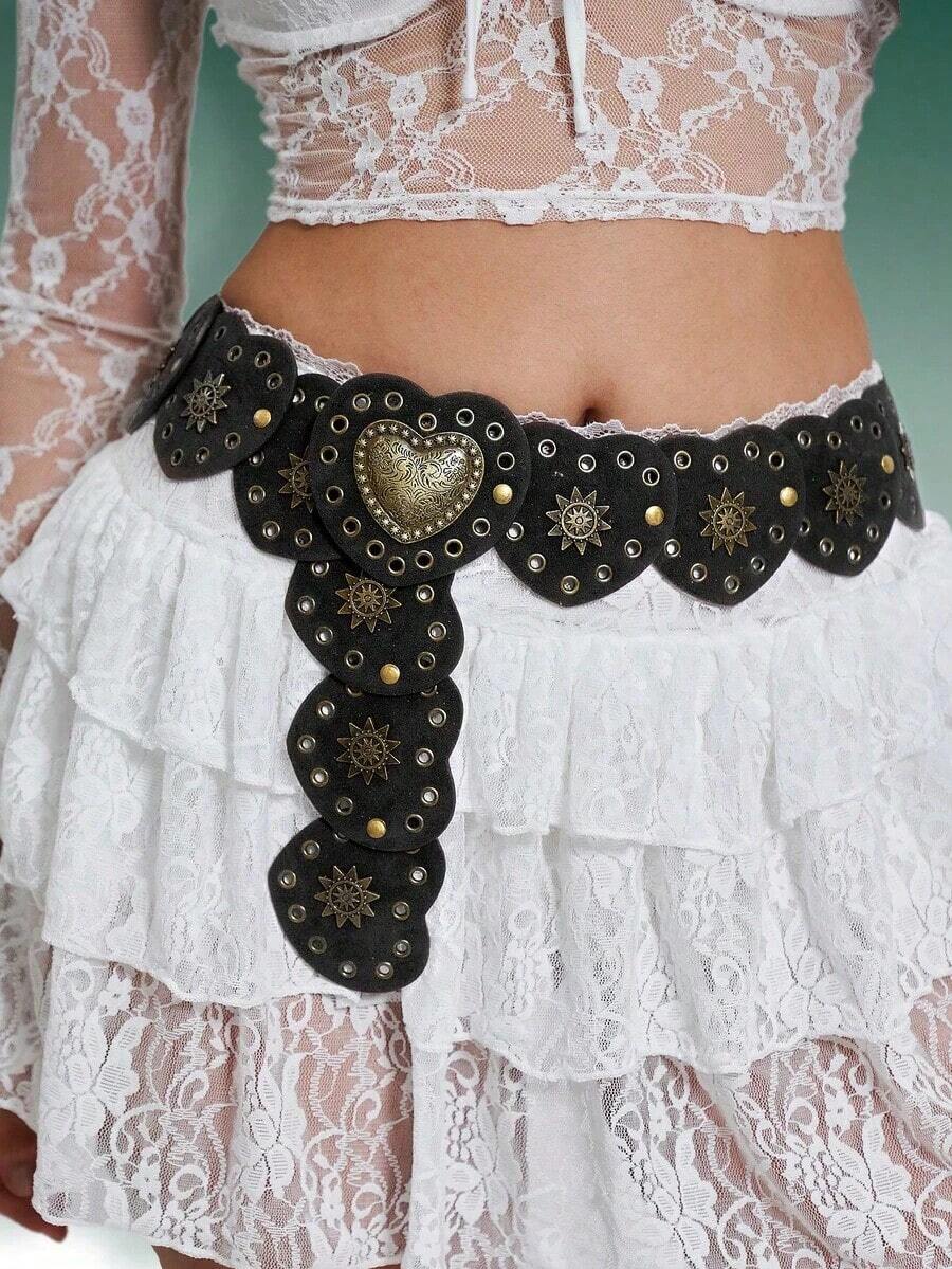 1 Piece Bohemian Vintage Style Dress Belt With Heart Patch And Decorative Rivets, Suitable For Women's Daily Wear And Parties On Halloween, Valentine's Day, Summer, School, Autumn - 黑色 - 查看 1