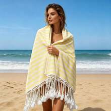 Toalha turca de praia/piscina com franjas e listras amarelas - 360g, superabsorvente e de secagem rápida, não desbota e não solta fiapos, macia e suave para a pele, toalha de viagem ultraleve e macia em poliéster, adequada para praia, piscina, banheiro, academia e outras ocasiões - 100*180cm - Listras Amarelas - Ver 1