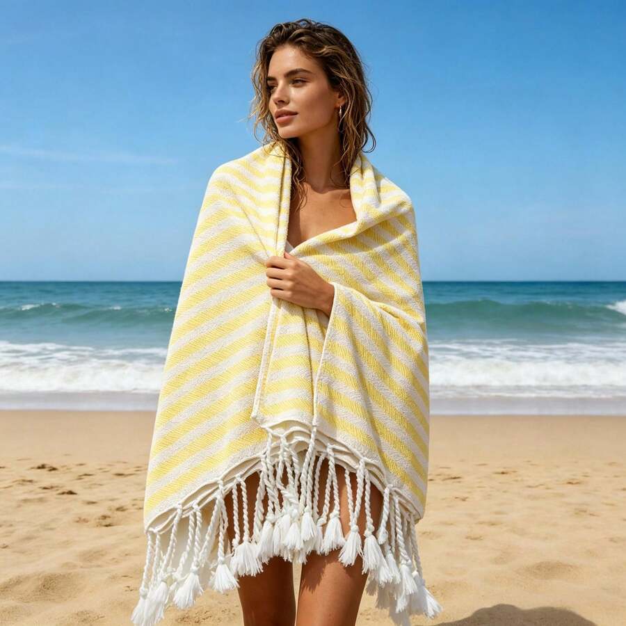 Toalha turca de praia/piscina com franjas e listras amarelas - 360g, superabsorvente e de secagem rápida, não desbota e não solta fiapos, macia e suave para a pele, toalha de viagem ultraleve e macia em poliéster, adequada para praia, piscina, banheiro, academia e outras ocasiões - 100*180cm - Listras Amarelas - Ver 1
