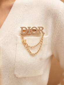 Luxury Rhinestone Letter Chain Brooch Pin With Double Chain And Gold Star Charm For Women Men - Multicolor - View 10