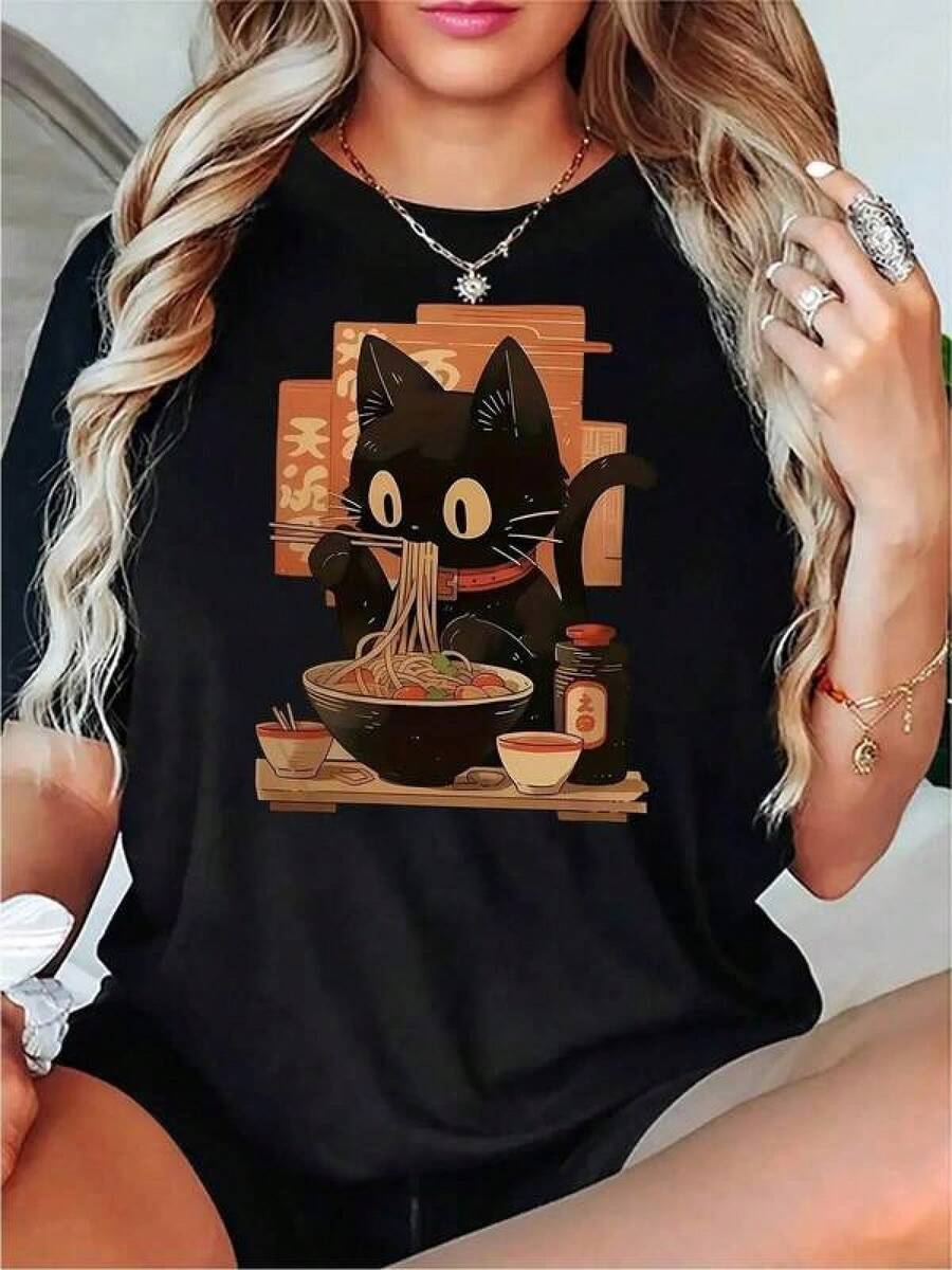 Camisetas para mujer cuello redondo estampado moderno S-3XL, estilo urbano y streetwear, pensada para jóvenes, uso informal, ropa de diario, fiestas juveniles y regalos bonitos - Negro - Ver 1