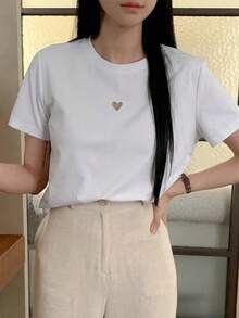 Camiseta casual de verano de mujer con cuello redondo y mangas cortas con detalle de corazón hueco - Blanco 2 - Ver 7