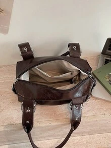 1个女士纯色PU单肩包，时尚铆钉装饰复古摩托车包，保龄球包，适合通勤、购物、旅行、商务用途 - 咖啡 - 查看 5