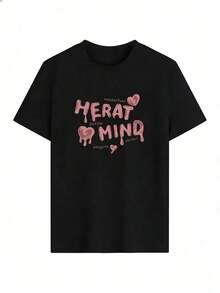 T-Shirt With "HEART MIND" Text And Pink Hearts,  Short-Sleeved T-Shirt For Spring And Summer 2026, Made In Mexico, 180 Grams. Cartoon Print, Couple Design, Suitable For Indoor Or Outdoor Wear. Crew Neck, Unisex, Ideal For The Office And Leisure. One-Pack. - BK-P631577SLNDXZGY610 - 查看 2