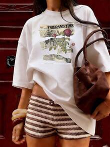 T-Shirt With Rose And Retro Newspaper Design, Fashionable Short-Sleeved T-Shirt For Spring And Summer 2026, Made In Mexico, 180 Grams. Cartoon Print, Couple Design, Suitable For Indoor Or Outdoor Wear. Crew Neck, Unisex, Ideal For Office And Leisure. One-Pack. - WH-P631577SLNDXZGY581 - 查看 3