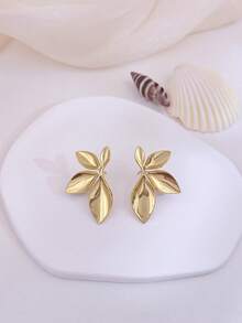 Vintage Leaf Stud Earring For Women Charm Gold Earring,Waterproof Stainlees Steel Jewelry Summer Vacation Jewellery For Wedding Party Daily Gift - Gold - View 3