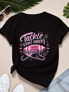 | Exquisite Design | Loose And Comfortable | Easy To Match | Plus Size Women's Clothing, Plus Size Awareness Football Jersey For Women - Pink Ribbon And # Casual Short Sleeve Crew Neck T-Shirt With Pink And White Football Design And The Slogan "TALE Cancer", Suitable For Cancer Survivors And Supporters, Machine Washable, With Pink Ribbon And Moon Design. - 黑色 - 查看 7