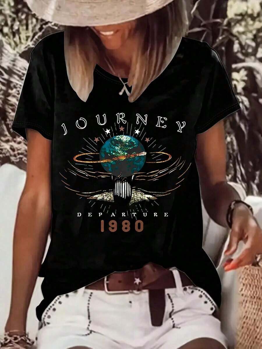 Cómodo Camiseta de Mujer Vintage Estampada 'Journey Departure' de 1980, Moda Casual de Manga Corta, Ajuste Cómodo de Verano, Cuello Redondo, playeras de mujer algodon, blusa casual mujer, mujer - Negro - Ver 1