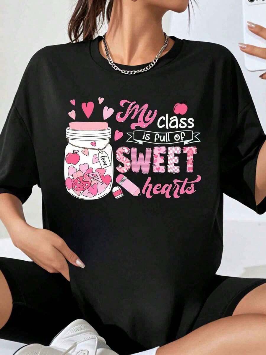 My Classroom Is Full Of Sweet Hearts, Valentine's Day Teacher T-Shirt For Women, Heart Jar Design, T-Shirt, Valentine's Day Gift For Teachers - 黑色 - 查看 1