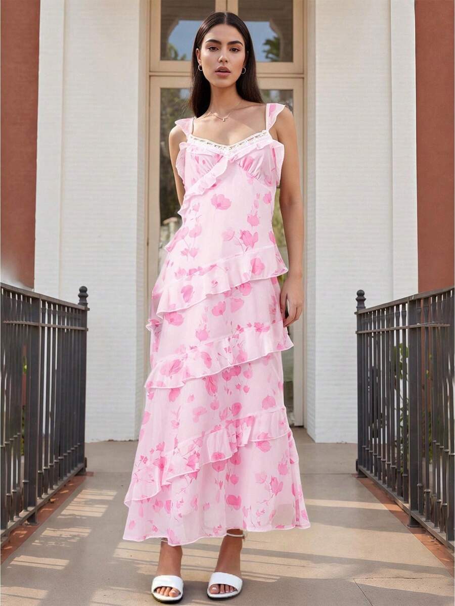Women Slip Dress, Sleeveless V-Neck Backless Floral Dress Ruffled Summer Long Dress For Cocktail Party - Pink - View 1