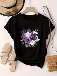 Limited Time Offer, Limited Quantities, Flash ! Women's Casual Shirts, Women's Polyester T-Shirts, Elegant Shirts. Women's Short Sleeve Casual T-Shirt With Round Neck And Floral Print - 黑色 - 查看 1