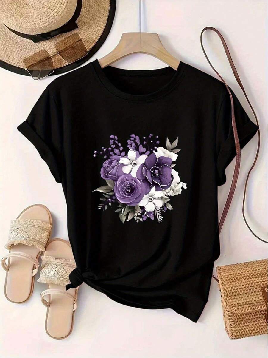 Limited Time Offer, Limited Quantities, Flash ! Women's Casual Shirts, Women's Polyester T-Shirts, Elegant Shirts. Women's Short Sleeve Casual T-Shirt With Round Neck And Floral Print - 黑色 - 查看 1