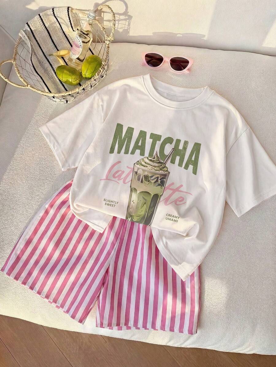 2件組女童可愛印花上衣與條紋短褲套裝,幼兒夏季穿搭,返校穿著 - 粉色 - 查看 1