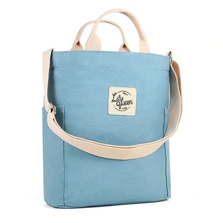 Lily Queen Bolso de mano de lona para mujer, casual, bolso de trabajo, bandolera, Gris topo, M - Azul - Ver 1