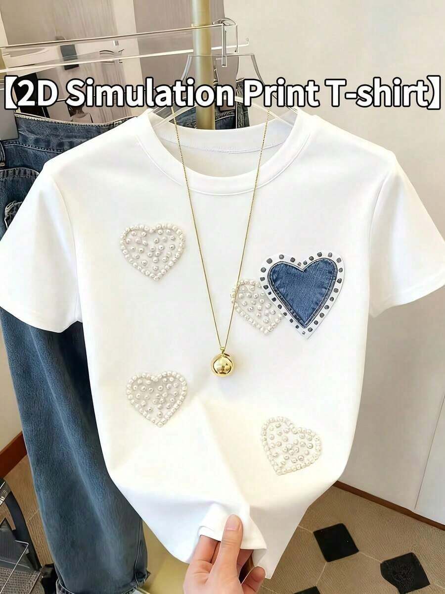 Bohemio Loose [Camiseta con Estampado Simulado 2D] Camiseta Casual de Manga Corta, Corte Regular, Lavable a Máquina, Esencial para Primavera y Verano, Suave y Cómoda, Camiseta de Mujer con Estampado Simulado de Corazón de Perla de Dibujos Animados, Camiseta de Algodón - Blanco - Ver 1