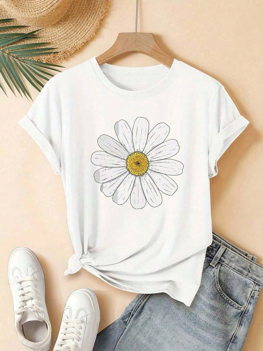Short-Sleeved T-Shirt With A Round Neck And A , Cute Daisy Floral Print, Perfect For Young Women. Machine Washable. Suitable For Everyday Casual Street Style. An Ideal Gift Choice For Home And Office Wear. - 白色的 - 查看 1