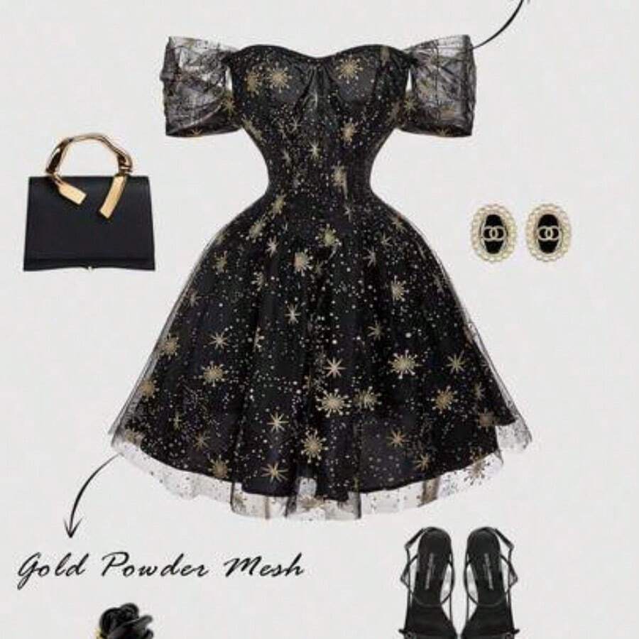 MOD Vestido mini elegante de fiesta con cintura ceñida y estampado floral con hombros descubiertos para mujer - Negro - Ver 1