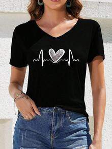 Selamara Camiseta de manga corta con cuello en V y estampado de leopardo con corazón, de estilo casual para el veranoPure-Cotton - Negro - Ver 4
