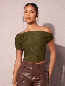 Top De Mujer Ajustado Delgado Con Hombros Descubiertos - Verde militar - Ver 6