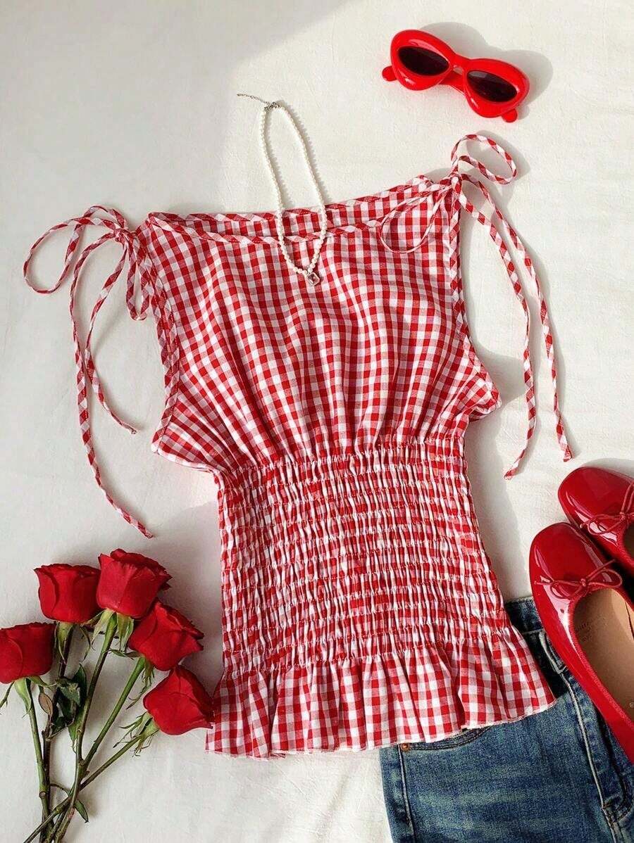 Blusa casual de mujer de algodón a cuadros naranja con tirantes tejidos y cordón en la cintura, blusa a cuadros naranja de verano, adecuada para el Día de San Valentín, el Carnaval, la playa, las vacaciones, el uso casual, la calle, la univers - Rojo - Ver 1