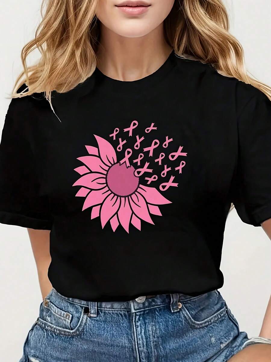 Camiseta de Girasol Rosa de Diseño Simple y Versátil - Camiseta de Cuello Redondo de Algodón Suave para Mujer, Camiseta de Algodón - Negro - Ver 1