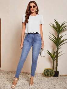 Blusa con mangas abullonadas, recorte ondulado y escote en la espalda, Blusas de manga corta - Blanco - Ver 3