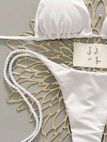 2 piezas Conjunto de traje de baño para mujer, Bikini verde menta con decoración de cuerda hecha a mano - Blanco - Ver 5