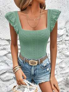 VCAY Camiseta De Mangas De Mariposa Con Cuello Cuadrado Y Bordado De Ojales, Camisa De Mujer - verde menta - Ver 3