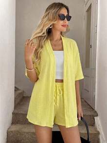 Conjunto de kimono de algodón blanco con arrugas + shorts, conjunto casual de vacaciones para primavera/verano - Amarillo - Ver 4