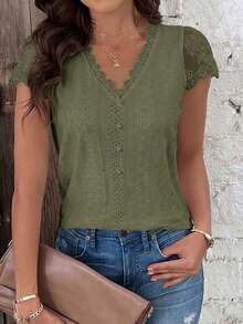 Camiseta De Verano Para Mujer Con Mangas Cortas Y Encaje Y Textura De Tela - Verde militar - Ver 3