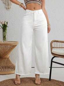 Pantalones vaqueros de pierna ancha con borde deshilachado para mujer, ideales para primavera-verano al aire libre - Blanco - Ver 5