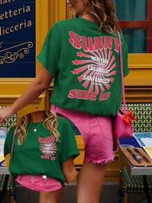 DrmWander Women's Graphic T-Shirt, Casual Short Sleeve Style, Cute Summer Top. Matching Sets For Women's Summer Outfits. Women's Spring Set. Women's Retro Set. Tropicoqueta Sets - 綠色的 - 查看 1