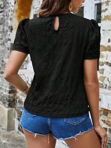 Blusa de manga corta con textura sólida y mangas tipo farol  VCAY - Negro - Ver 2