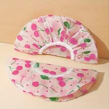2pcs Thickened Red Cherry Print Shower Cap, Universal Shower Hair Cap, Cute Design, Suitable For Bathing And Showering, Sturdy And Durable Headwear, Secure And Snug Fit, Bathing Accessory - Cherry - View 2