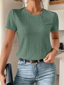 Camiseta blanca de cuello redondo con bordado de ojales, minimalista para ir a la oficina, estilo antiguo y sencillo - Verde - Ver 9
