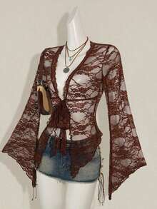 ICON Cárdigan transparente con mangas acampanadas y bajo asimétrico con estampado vintage para mujeres - Marrón - Ver 3